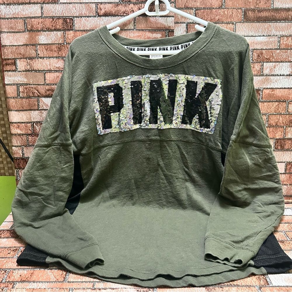 Victorias Secret PINK sequins bling varsity crew sweatshirt size L